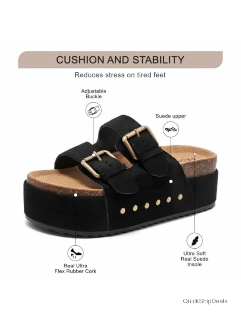 Women's Platform Sandals Cork Footbed Double Buckles Chunky Wedge Slides